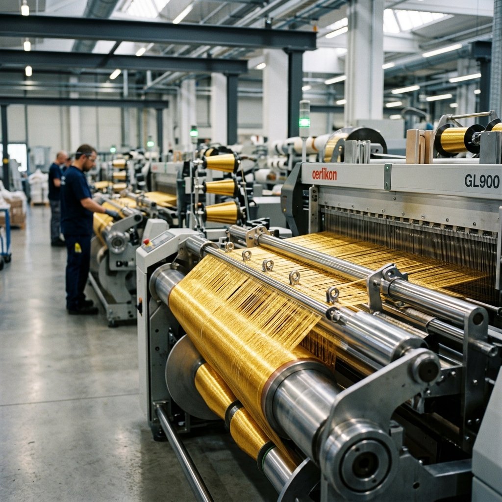 Modern textile machine weaving golden Jari threads